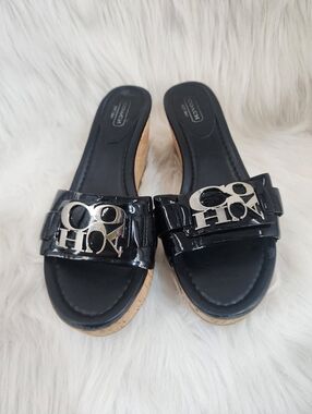 NWOT Coach Slip On Black Patent Leather Cork Wedge Sandals Size  7